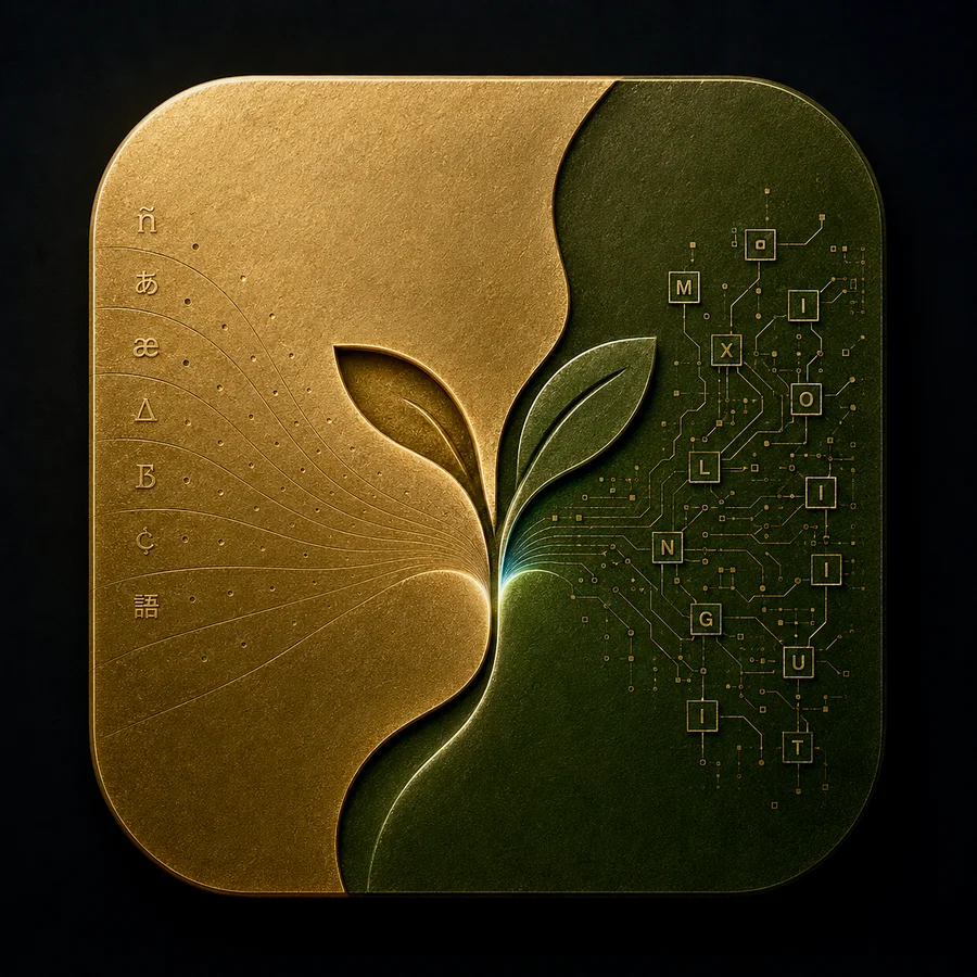 Mixolinguist identity artwork: a botanical form joins letters and circuitry.