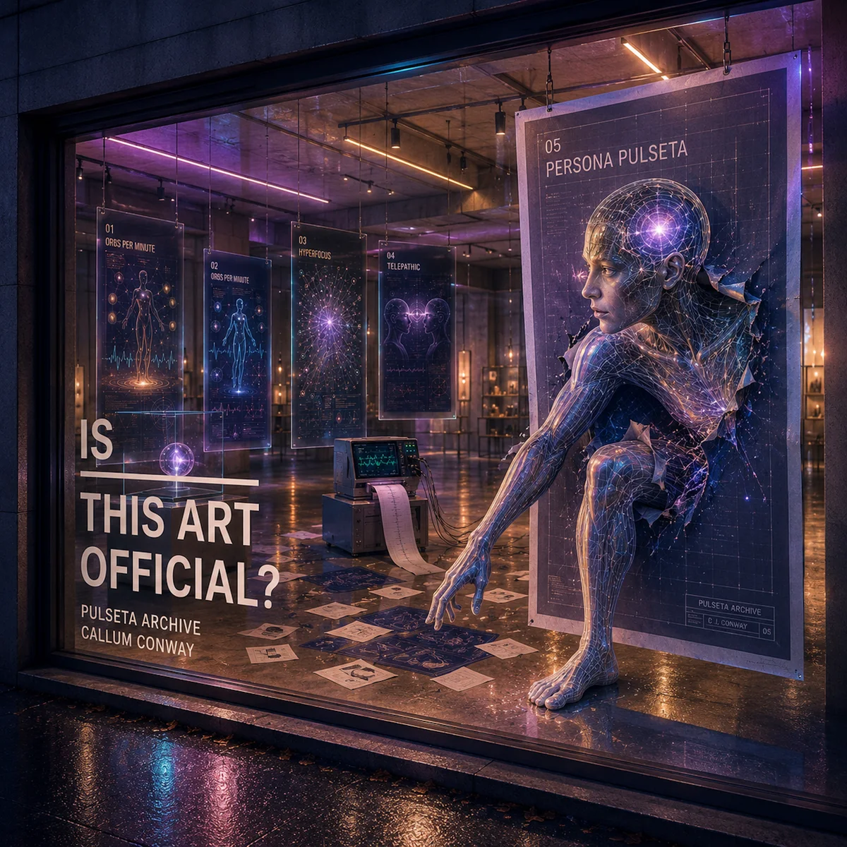 Synthetic Persona Pulseta artwork: a luminous figure beside a violet archive display.